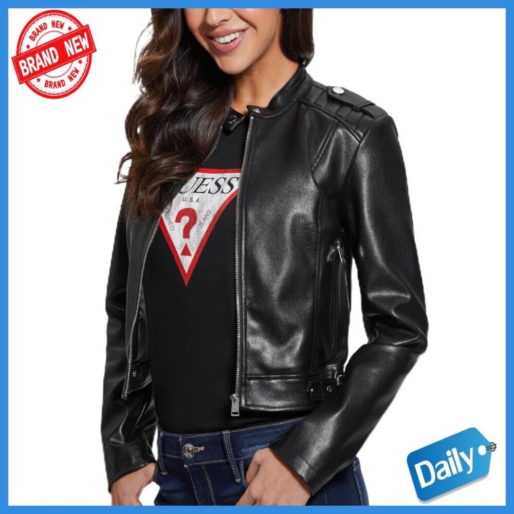 Faux Leather Moto Jacket Fitted Trench Coat Long Sleeve Mandarin Collar